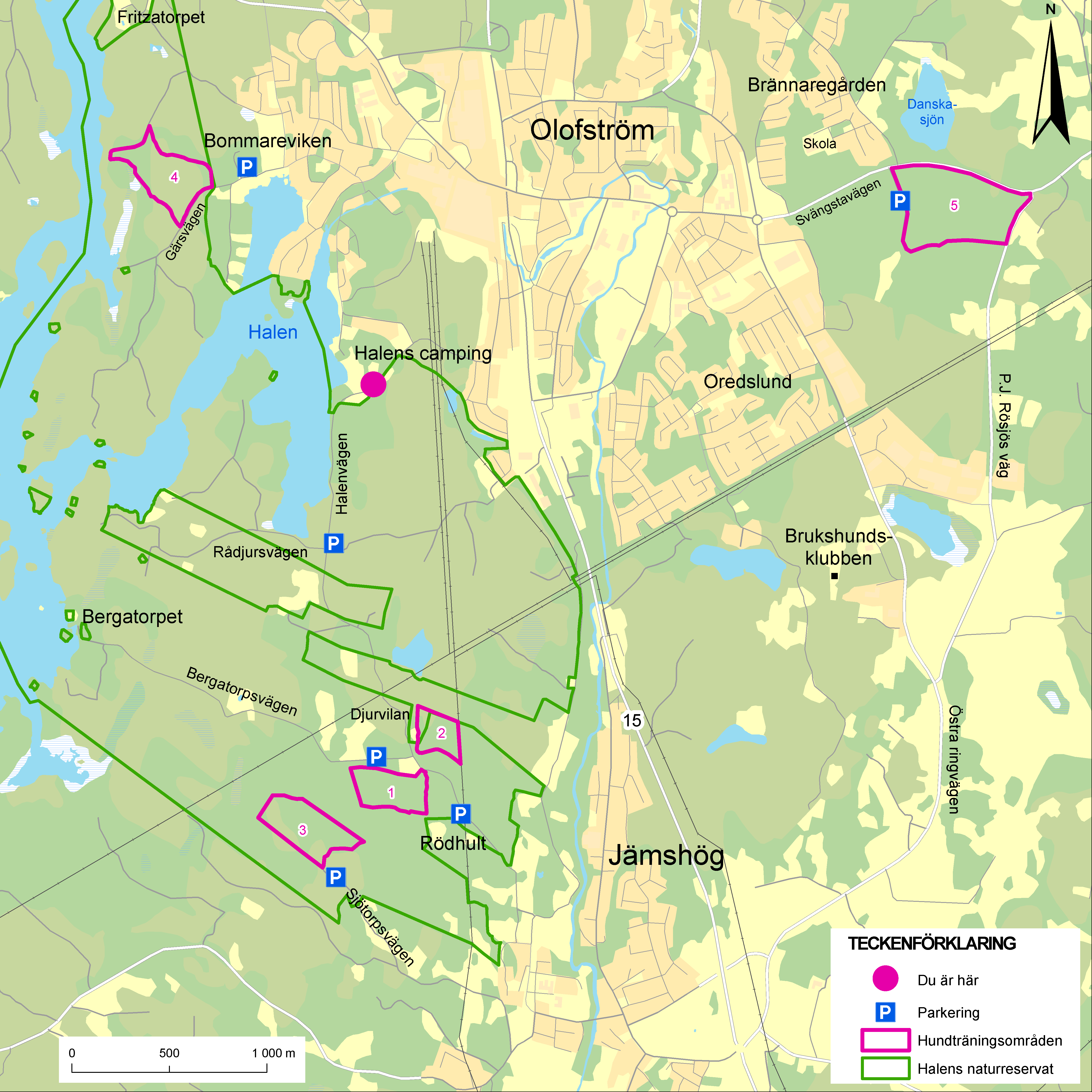 Karta med hundträningsområden i Olofströms kommun.