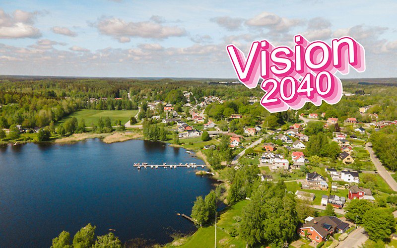 Vy över bostadsområde vid sjön Halen med texten Vision 2040