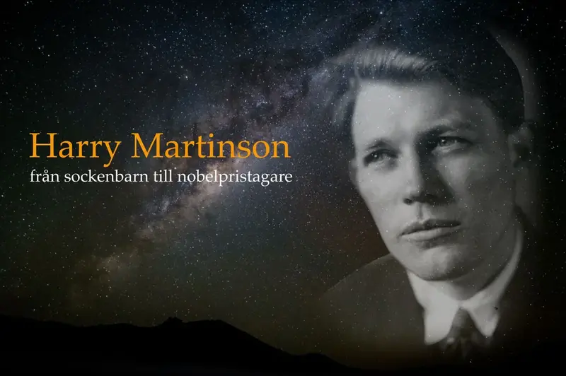 Porträtt på Harry Martinsson och texten Harry Martinson från sockenbarn till nobelpristagre